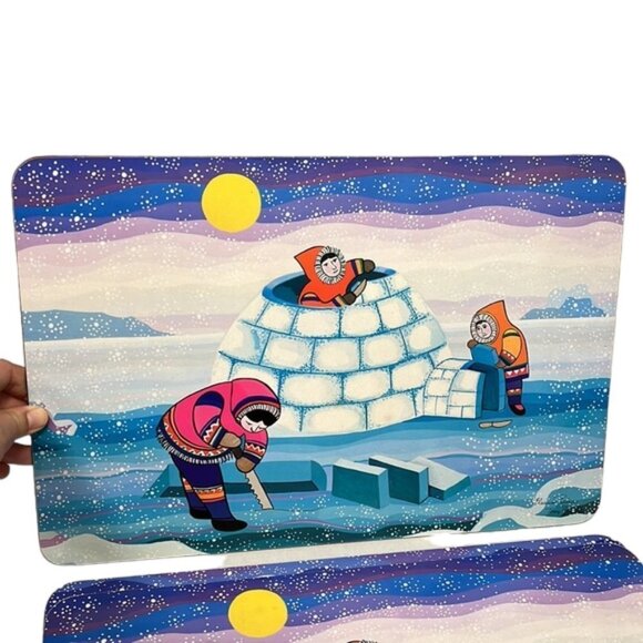 Vintage Eleanor & Tony Paine Inuit Art Cork Back Colourful Placemats Set of 3 - Picture 4 of 8